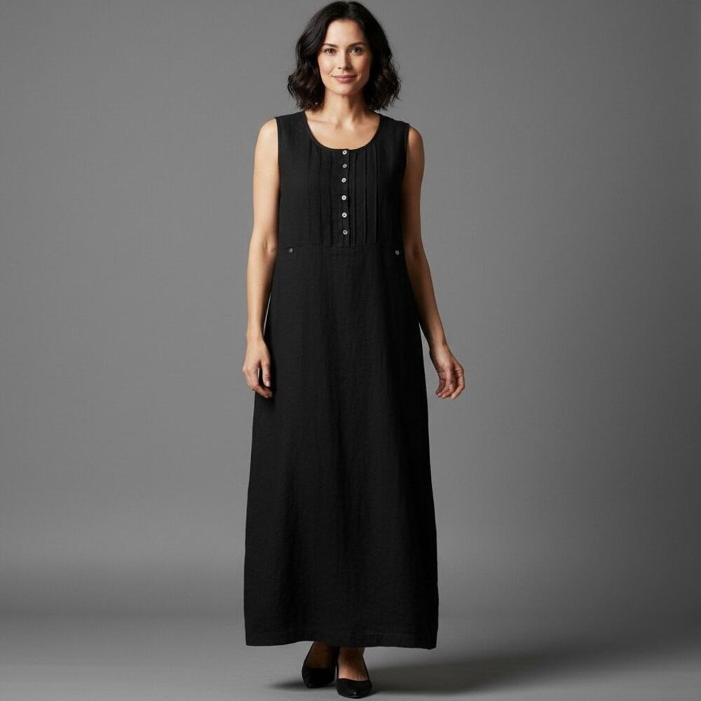 Vintage Cherokee Linen Maxi Dress Womens Sz XL Black Sleeveless Side Slit Casual